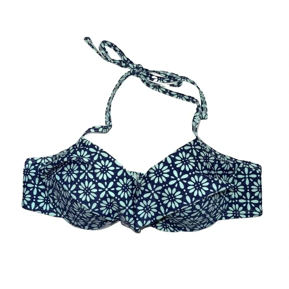 aerie Navy Blue & Mint Green Floral Print Ruffle Push-up Bikini Top 36B Women’s